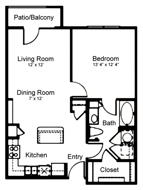 Floor plan for 1 bed, 1 bath, 735 sqft